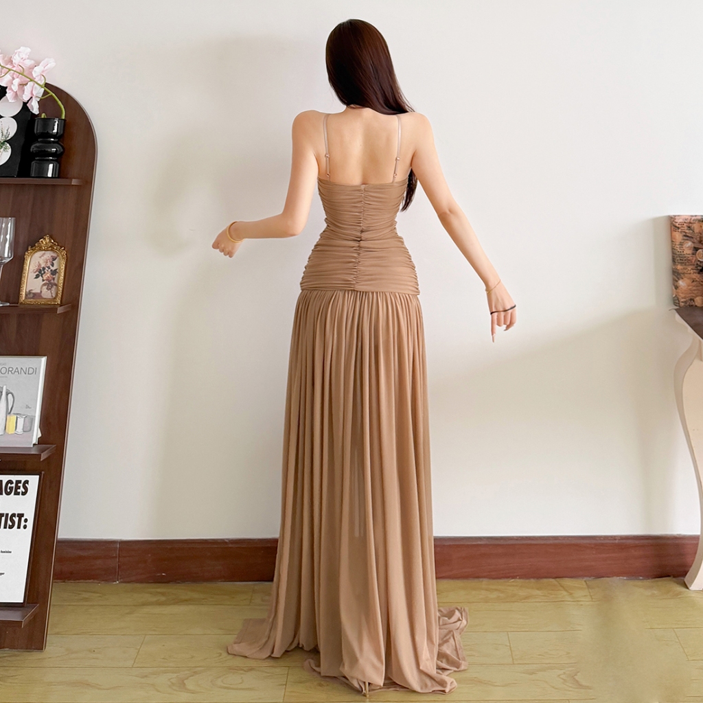 Cutenew Sling Quấn Ngực Đầm Maxi Rud Slim Lưới Chắp Vá Nữ Mùa Hè Mỹ Phong Cách Vintage