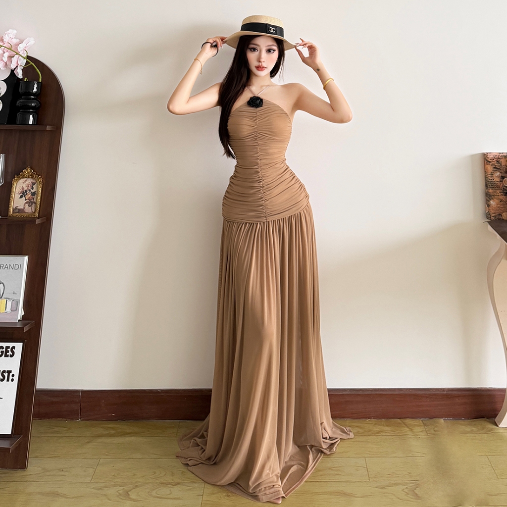 Cutenew Sling Quấn Ngực Đầm Maxi Rud Slim Lưới Chắp Vá Nữ Mùa Hè Mỹ Phong Cách Vintage