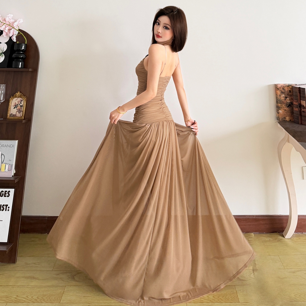 Cutenew Sling Quấn Ngực Đầm Maxi Rud Slim Lưới Chắp Vá Nữ Mùa Hè Mỹ Phong Cách Vintage