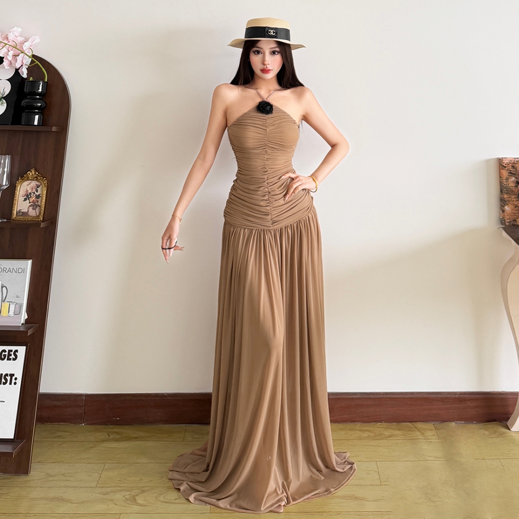 Cutenew Sling Quấn Ngực Đầm Maxi Rud Slim Lưới Chắp Vá Nữ Mùa Hè Mỹ Phong Cách Vintage