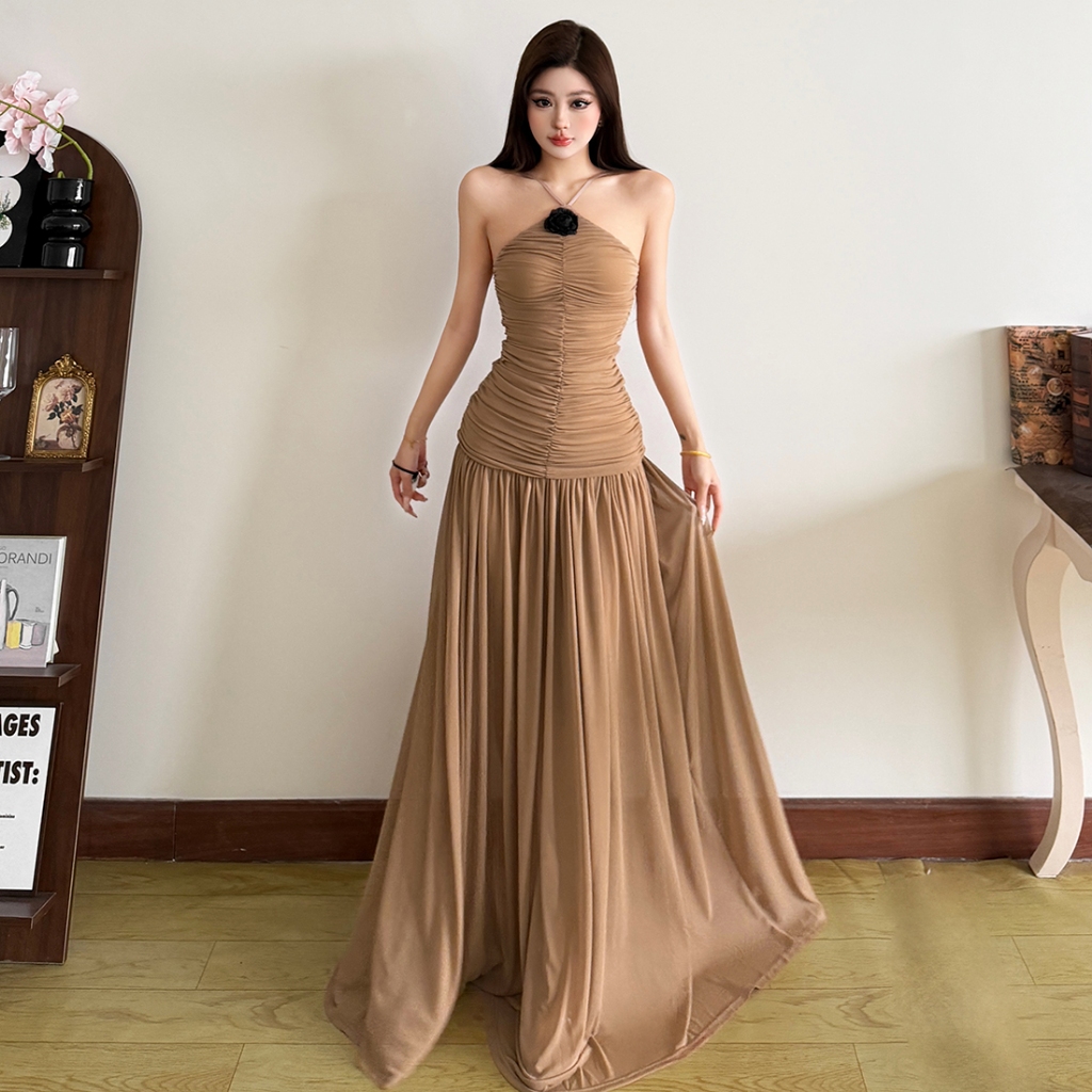 Cutenew Sling Quấn Ngực Đầm Maxi Rud Slim Lưới Chắp Vá Nữ Mùa Hè Mỹ Phong Cách Vintage