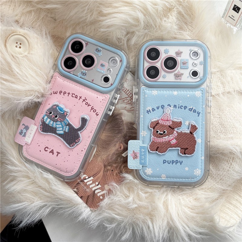 Ốp điện thoại chất liệu PU thêu mèo và chó cho iPhone 17 Pro max 16 Pro max
