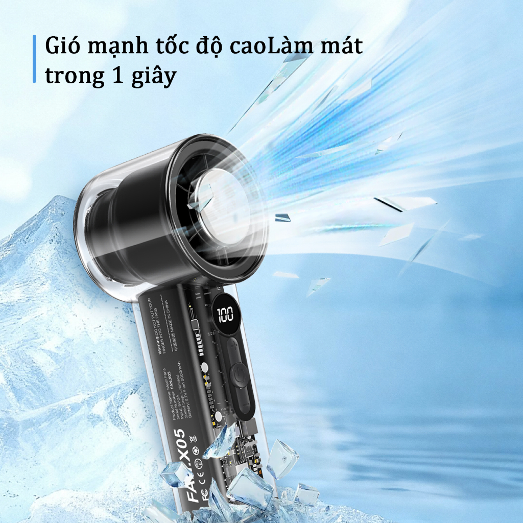 Quạt cầm tay UCLOUDSOME X05 Quạt làm mát tốc độ cao Màn hình kỹ thuật số Quạt bán dẫn gió tuabin Quạt làm lạnh 100 tốc độ