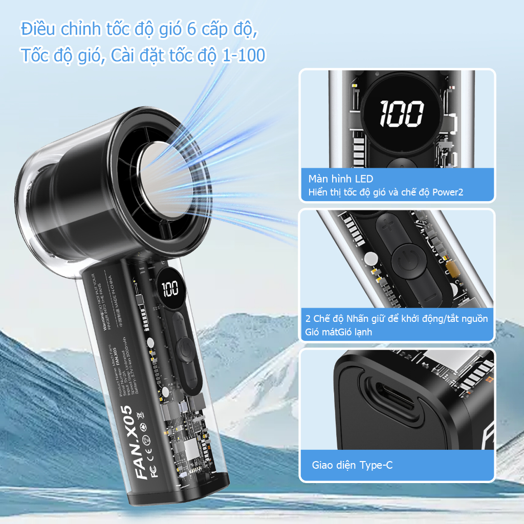 Quạt cầm tay UCLOUDSOME X05 Quạt làm mát tốc độ cao Màn hình kỹ thuật số Quạt bán dẫn gió tuabin Quạt làm lạnh 100 tốc độ