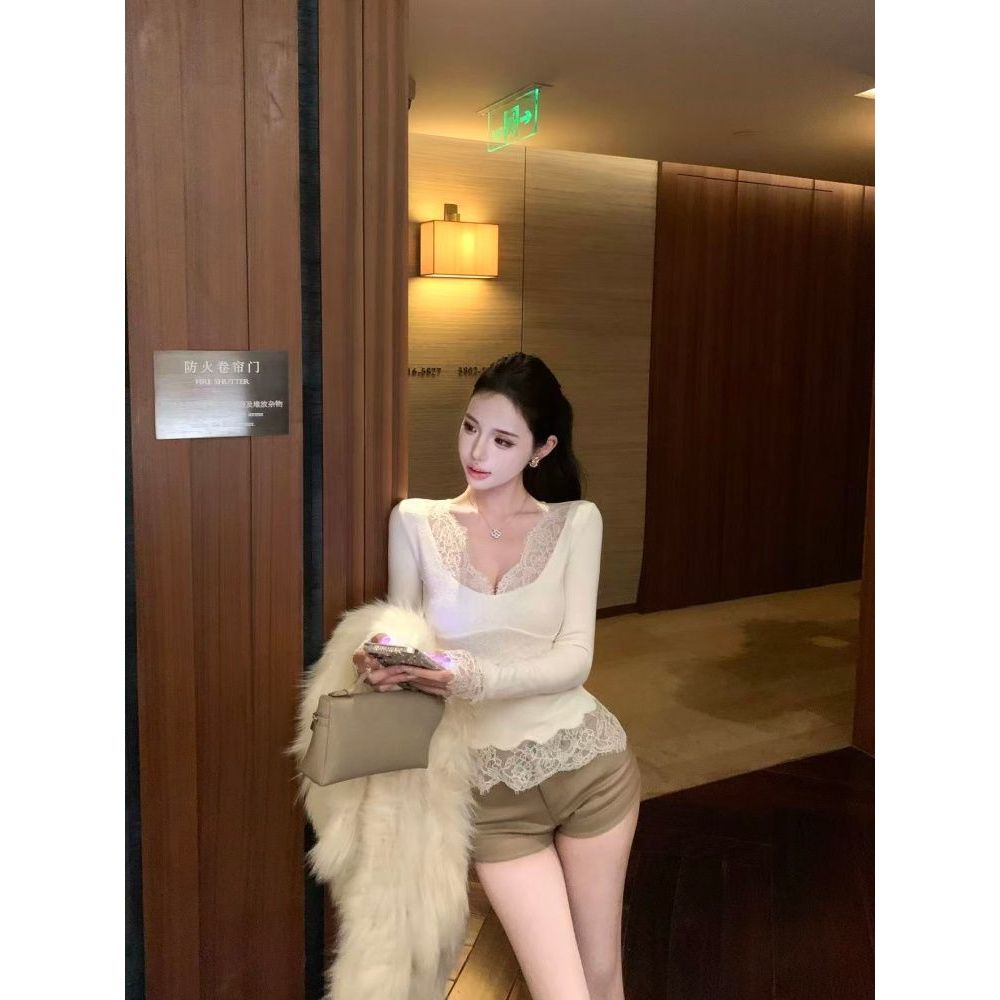 【Hàng giao ngay】Áo len nữ phong cách Hàn Quốc, ren màu apricot, cổ chữ V dài tay, phù hợp thu đông