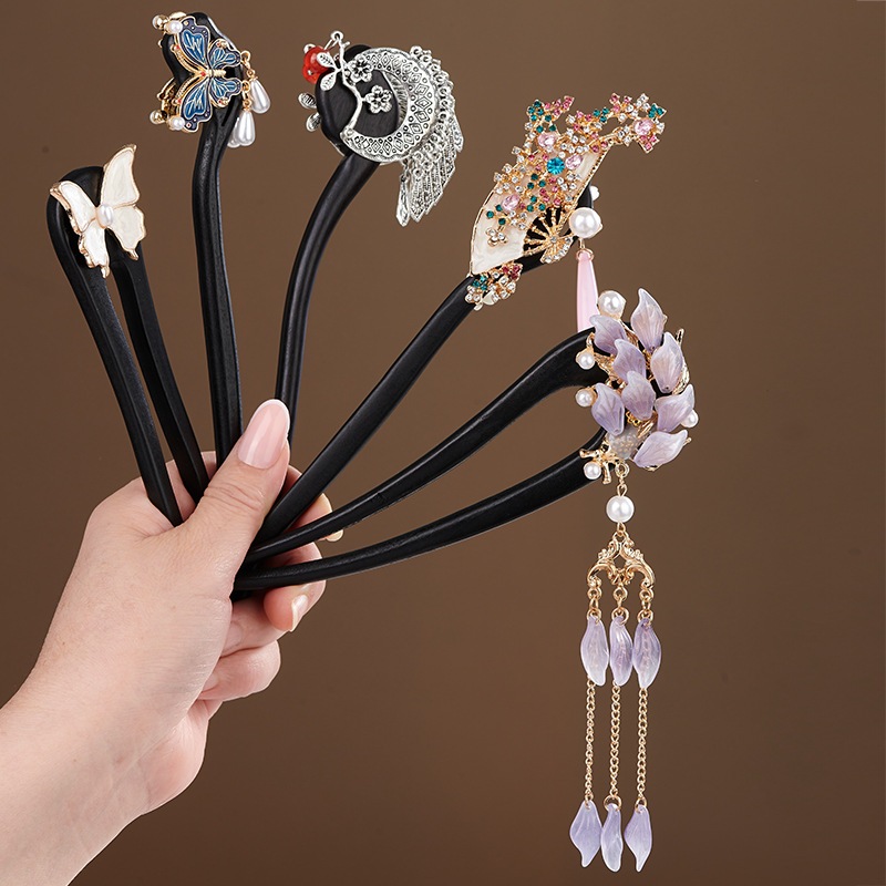 Kẹp tóc tua rua Ebony bằng gỗ, phong cách cổ điển Trung Hoa