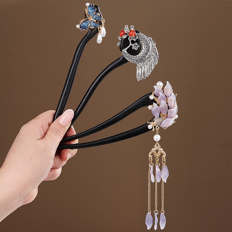 Kẹp tóc tua rua Ebony bằng gỗ, phong cách cổ điển Trung Hoa