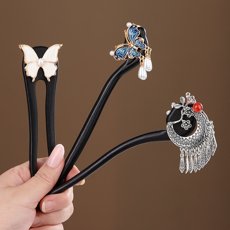 Kẹp tóc tua rua Ebony bằng gỗ, phong cách cổ điển Trung Hoa