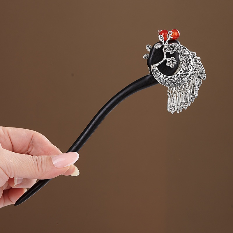 Kẹp tóc tua rua Ebony bằng gỗ, phong cách cổ điển Trung Hoa