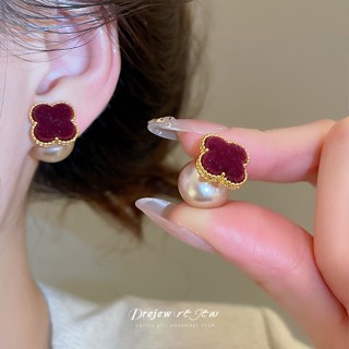 Bông tai nữ nhung cỏ ba lá ngọc trai vàng viền, thiết kế thời thượng, phụ kiện thời trang hàng ngày
