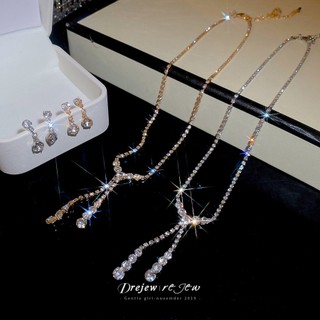 Dây chuyền chữ Y và bông tai kim cương giả, thiết kế sáng bóng, phụ kiện thời trang phù hợp mọi dịp