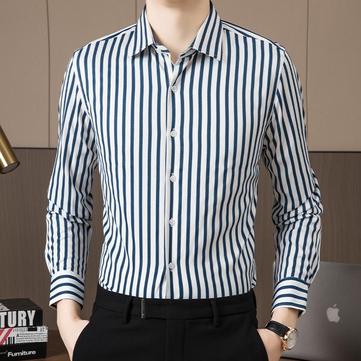 Áo sơ mi sọc Cotton sọc xanh thời trang dành cho nam dài tay công sở Áo sơ mi thông thường màu trắng