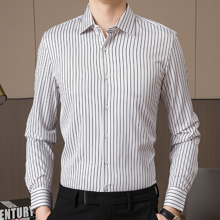 Áo sơ mi sọc Cotton sọc xanh thời trang dành cho nam dài tay công sở Áo sơ mi thông thường màu trắng