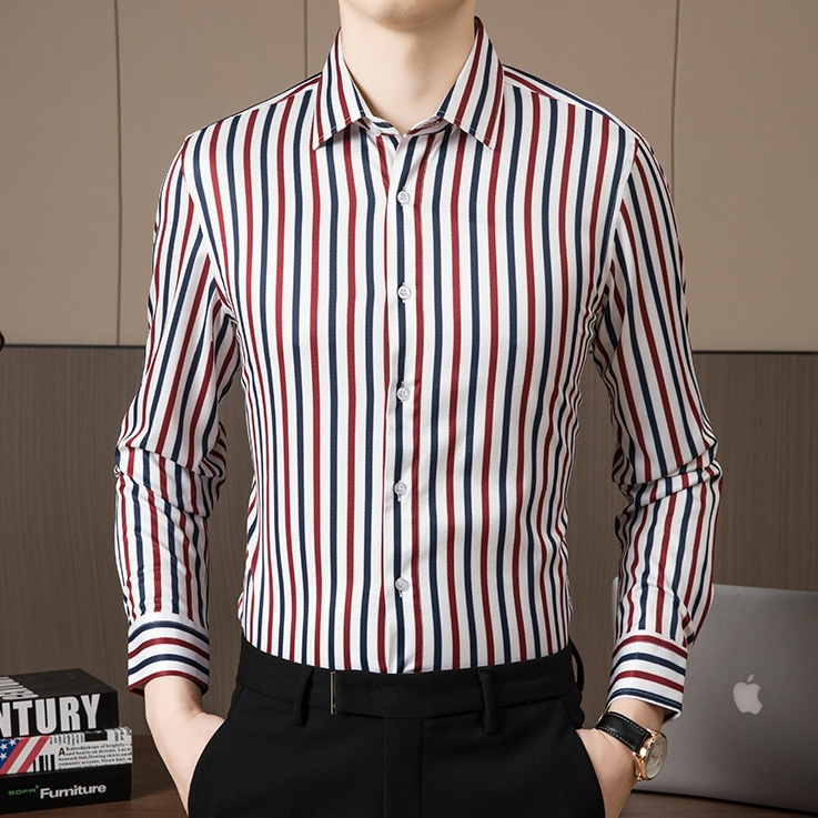 Áo sơ mi sọc Cotton sọc xanh thời trang dành cho nam dài tay công sở Áo sơ mi thông thường màu trắng