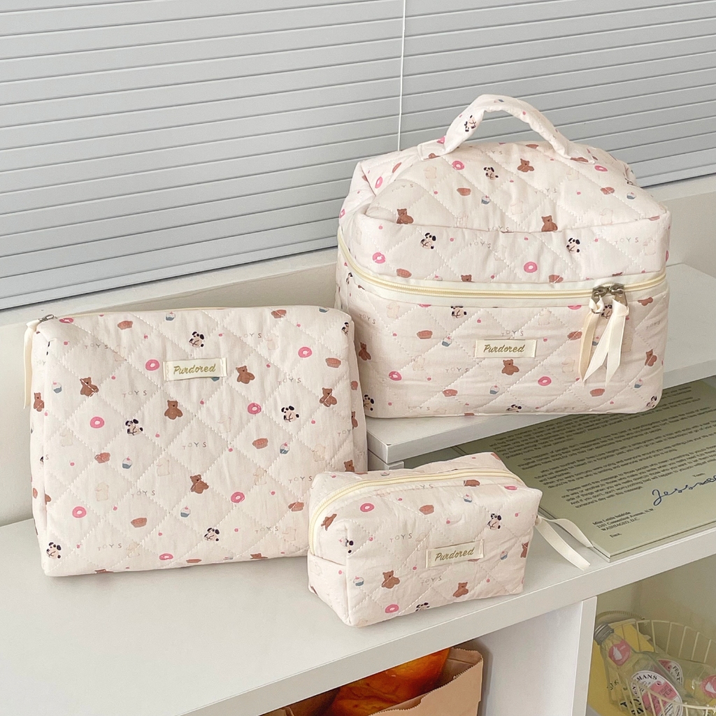 Túi mỹ phẩm gấu bánh donut vải mềm khóa kéo đơn giản dễ thương tắm du lịch nhà ở dành cho nữ