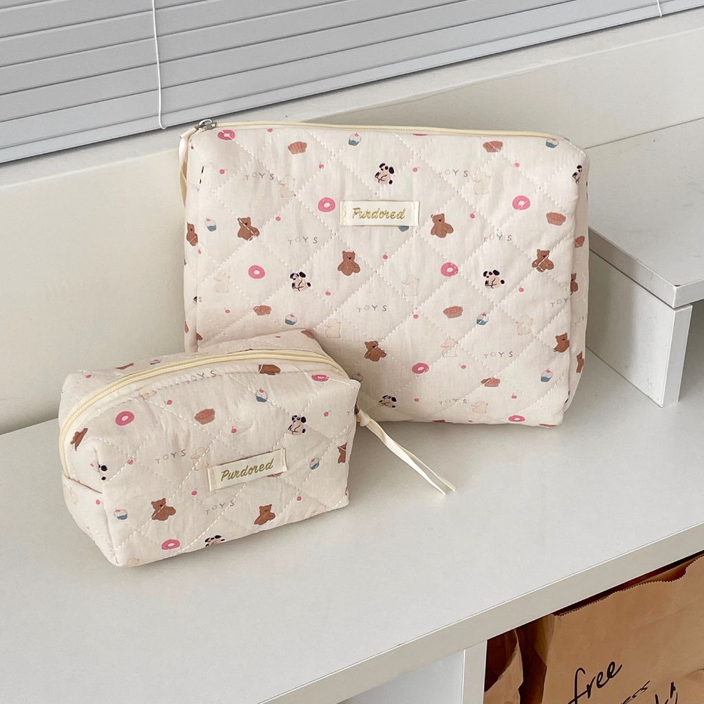 Túi mỹ phẩm gấu bánh donut vải mềm khóa kéo đơn giản dễ thương tắm du lịch nhà ở dành cho nữ