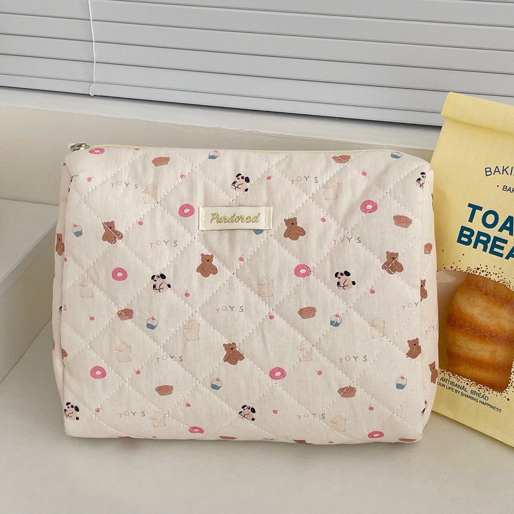 Túi mỹ phẩm gấu bánh donut vải mềm khóa kéo đơn giản dễ thương tắm du lịch nhà ở dành cho nữ
