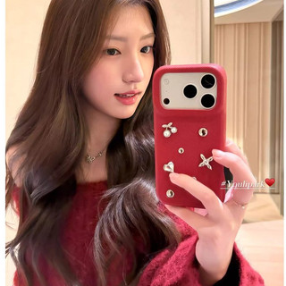 Hàn Quốc 3D Kim Cương Anh Đào Hoa Đỏ Da PU Ốp Lưng Điện Thoại iPhone 17Promax 17Pro 14 15 16 Pro Max 13 Chống Sốc Ngọt Ngào Nữ Tính Nữ Vỏ Di Động