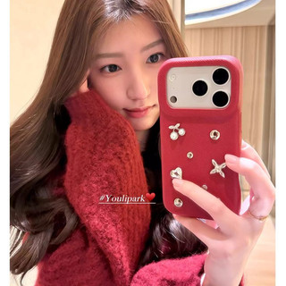 Hàn Quốc 3D Kim Cương Anh Đào Hoa Đỏ Da PU Ốp Lưng Điện Thoại iPhone 17Promax 17Pro 14 15 16 Pro Max 13 Chống Sốc Ngọt Ngào Nữ Tính Nữ Vỏ Di Động