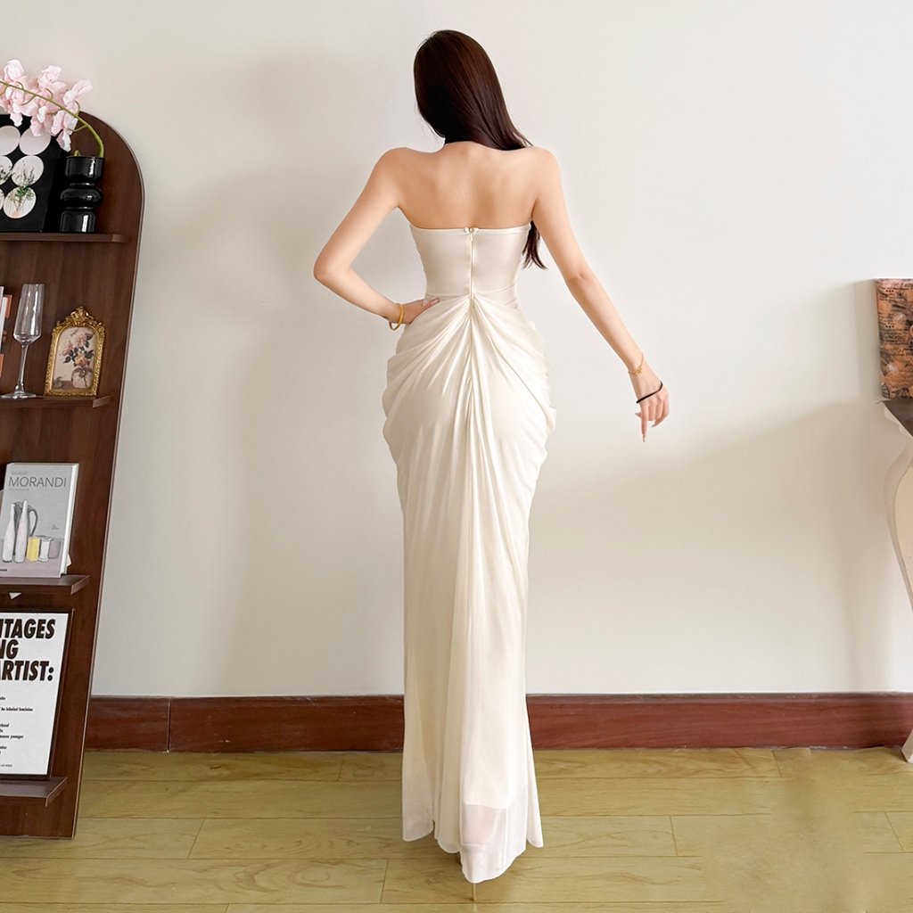 Cutenew Dây Quấn Ngực Ren Chắp Vá Váy Maxi Ruched Mỏng Nhìn Ôm Hơn Nữ Mùa Hè Pháp Phong Cách Thanh Lịch