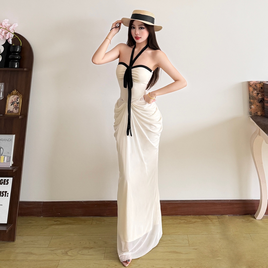 Cutenew Dây Quấn Ngực Ren Chắp Vá Váy Maxi Ruched Mỏng Nhìn Ôm Hơn Nữ Mùa Hè Pháp Phong Cách Thanh Lịch