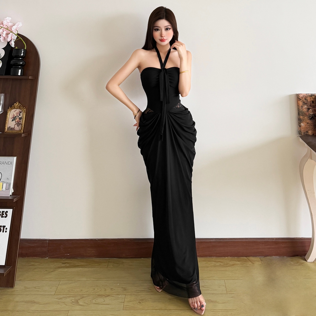 Cutenew Dây Quấn Ngực Ren Chắp Vá Váy Maxi Ruched Mỏng Nhìn Ôm Hơn Nữ Mùa Hè Pháp Phong Cách Thanh Lịch