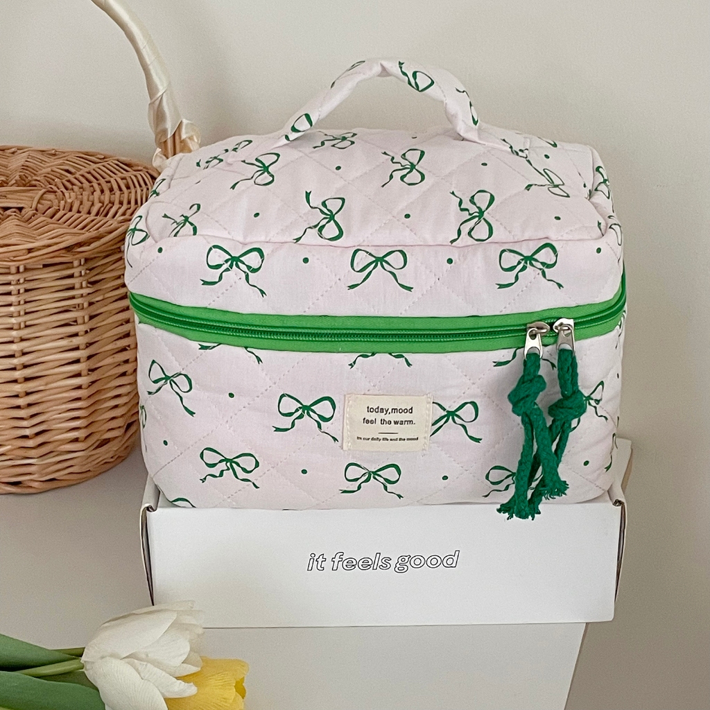 Túi mỹ phẩm vải xanh ổi nơ in tương phản khóa kéo đựng phụ kiện tắm du lịch nhà ở dành cho nữ