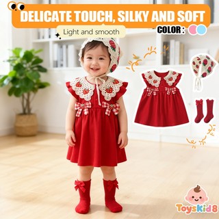 Bộ trang phục 3 món Toyskid8 Baby Girl - Váy ren dâu đỏ + Bonnet + Tất nơ để mặc hàng ngày dễ thương (1-4 tuổi)