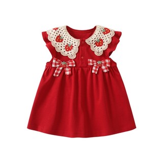 Bộ trang phục 3 món Toyskid8 Baby Girl - Váy ren dâu đỏ + Bonnet + Tất nơ để mặc hàng ngày dễ thương (1-4 tuổi)