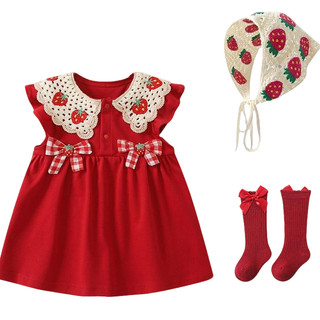 Bộ trang phục 3 món Toyskid8 Baby Girl - Váy ren dâu đỏ + Bonnet + Tất nơ để mặc hàng ngày dễ thương (1-4 tuổi)