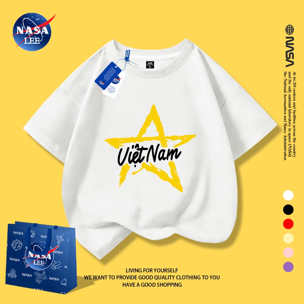 Áo thun unisex trẻ em rộng rãi, cotton 100%. In ngôi sao năm cánh và chữ "VIỆT NAM" phong cách.