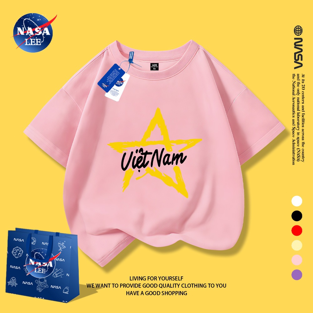 Áo thun unisex trẻ em rộng rãi, cotton 100%. In ngôi sao năm cánh và chữ "VIỆT NAM" phong cách.