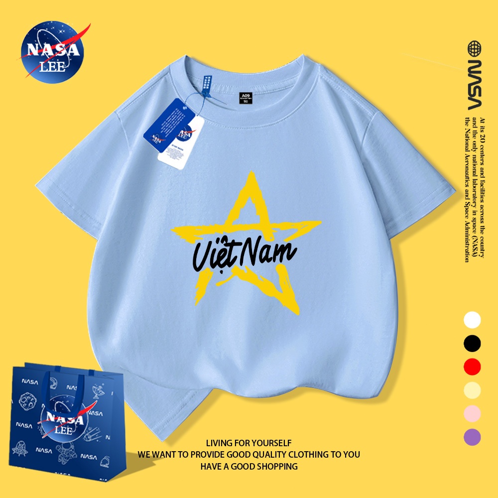 Áo thun unisex trẻ em rộng rãi, cotton 100%. In ngôi sao năm cánh và chữ "VIỆT NAM" phong cách.