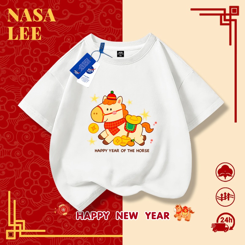 Áo thun tết 2026 cho trẻ em, hình in ngựa phát tài dễ thương, áo phông ngắn tay năm Ngọ.
