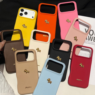 Ốp Điện Thoại Da PU Màu Trơn Ngựa Vàng 3D Hàn Quốc Cho iPhone 17Promax 17Pro 14 15 16 Pro Max 13 Vỏ Điện Thoại Di Động Nữ Chống Sốc