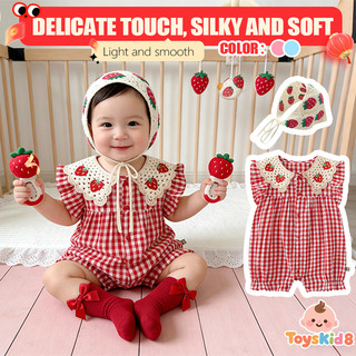 Bộ trang phục 3 món Toyskid8 Baby - Bộ đồ liền thân ren dâu kẻ sọc đỏ + Bonnet + Tất nơ để mặc hàng ngày dễ thương (0-24 tháng)
