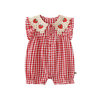 Bộ trang phục 3 món Toyskid8 Baby - Bộ đồ liền thân ren dâu kẻ sọc đỏ + Bonnet + Tất nơ để mặc hàng ngày dễ thương (0-24 tháng)