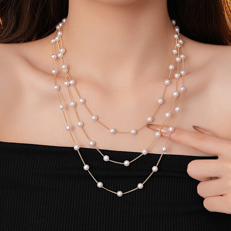 Vòng cổ Dây Chuyền Ngọc Trai Nhỏ Nhiều Lớp Phong Cách Pháp Tinh Tế Thanh Lịch Phụ Kiện Sang Trọng Phối Cùng Áo Dài