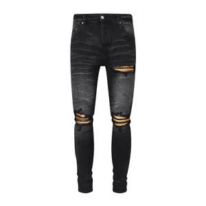 Thiết kế thời trang mới màu đen nam quần jean nút placket chữ rửa nước hoài cổ co giãn mỏng vừa vặn kaki miếng vá quần jean thương hiệu hip-hop đường phố cao cấp