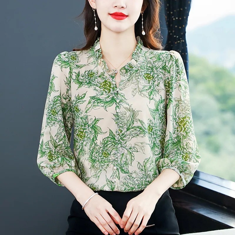 Áo Sơ Mi Chiffon Tay Lửng Họa Tiết Hoa Phong Cách Retro Cá Tính
