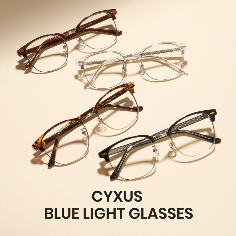 Cyxus Kính Chống Ánh Sáng Xanh Gọng Titanium Acetate Vuông Nửa Khung Browline Giảm Mỏi Mắt Máy Tính 8195