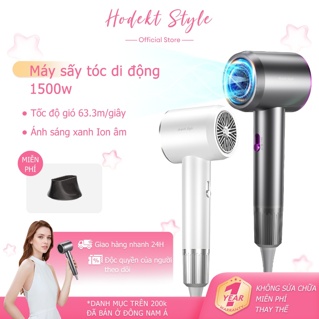 Máy Sấy Tóc HODEKT 1500W 3 Chế Độ Gió Nóng Lạnh Sấy Khô Nhanh Gió Mạnh Đèn Ánh Sáng Xanh Bảo Vệ Tóc