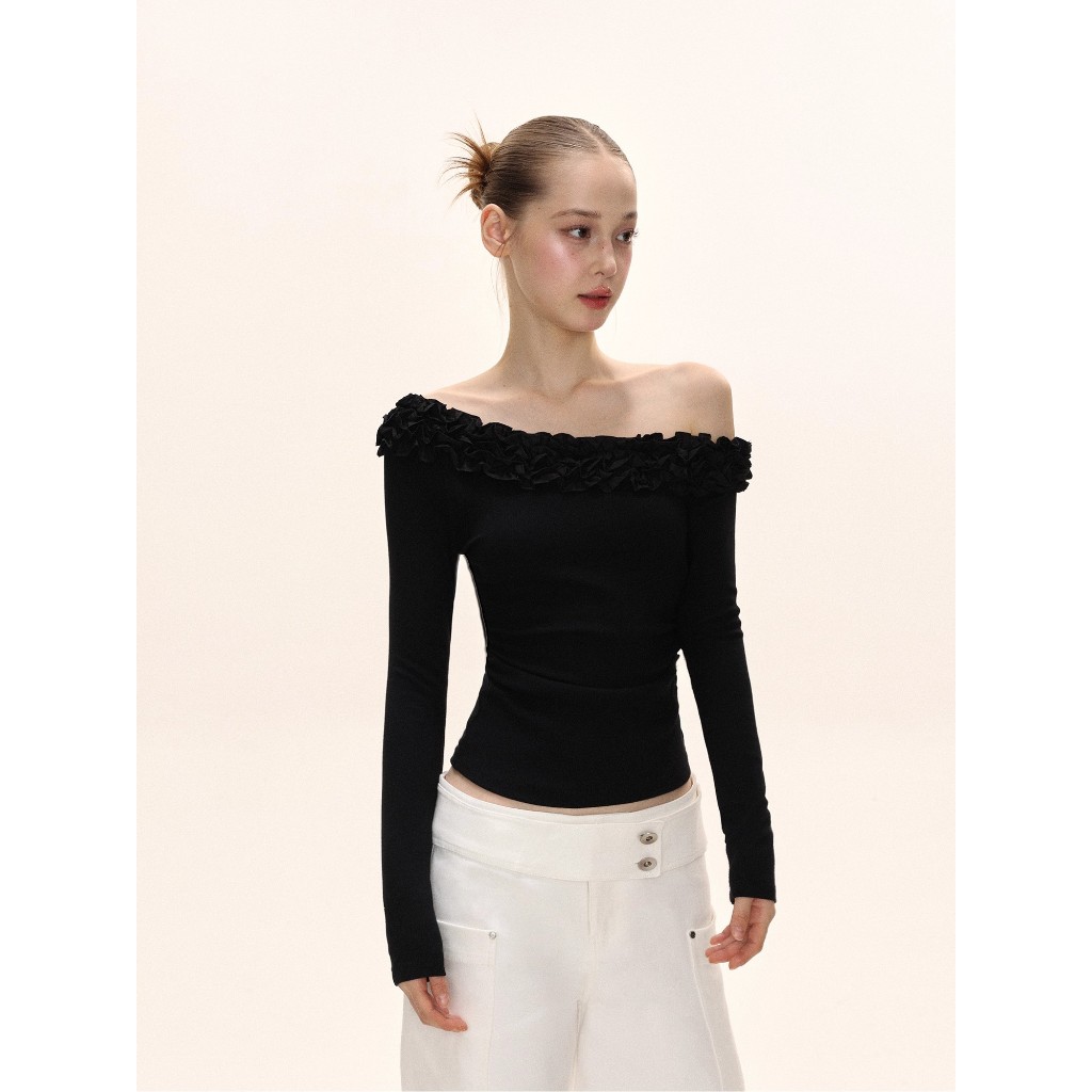 【Hàng giao ngay】Áo ren thu đông phong cách Hàn Quốc, màu đen vai dài, thiết kế slim-fit gợi cảm