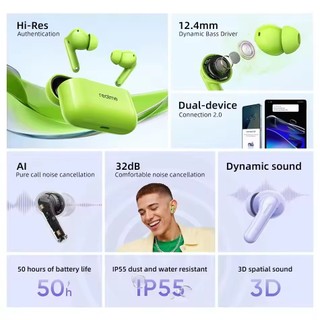 Tai nghe Realme Buds T200 32dB Giảm tiếng ồn chủ động Cuộc gọi AI Khử tiếng ồn 50 giờ Tuổi thọ cao Tai nghe TWS không dây
