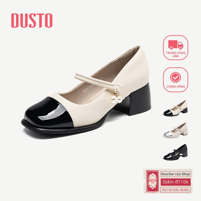 Giày Cao Gót DUSTO Nữ Mary Jane Giày Dày Gót Vuông Mũi Ngọc Trai DW25C0030A