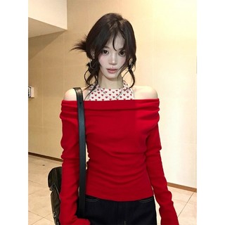 [BANKO] Áo sơ mi nữ slim-fit phiên bản Hàn Quốc, cổ cao một vai, in hình màu đỏ, phù hợp thu đông