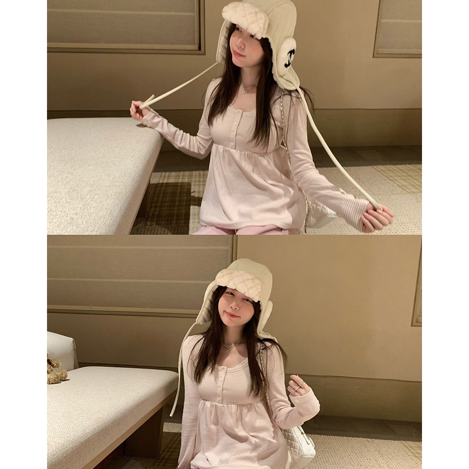 【BANKO】Áo thun dệt kim dài tay sọc xám phong cách Hàn Quốc cho mùa thu