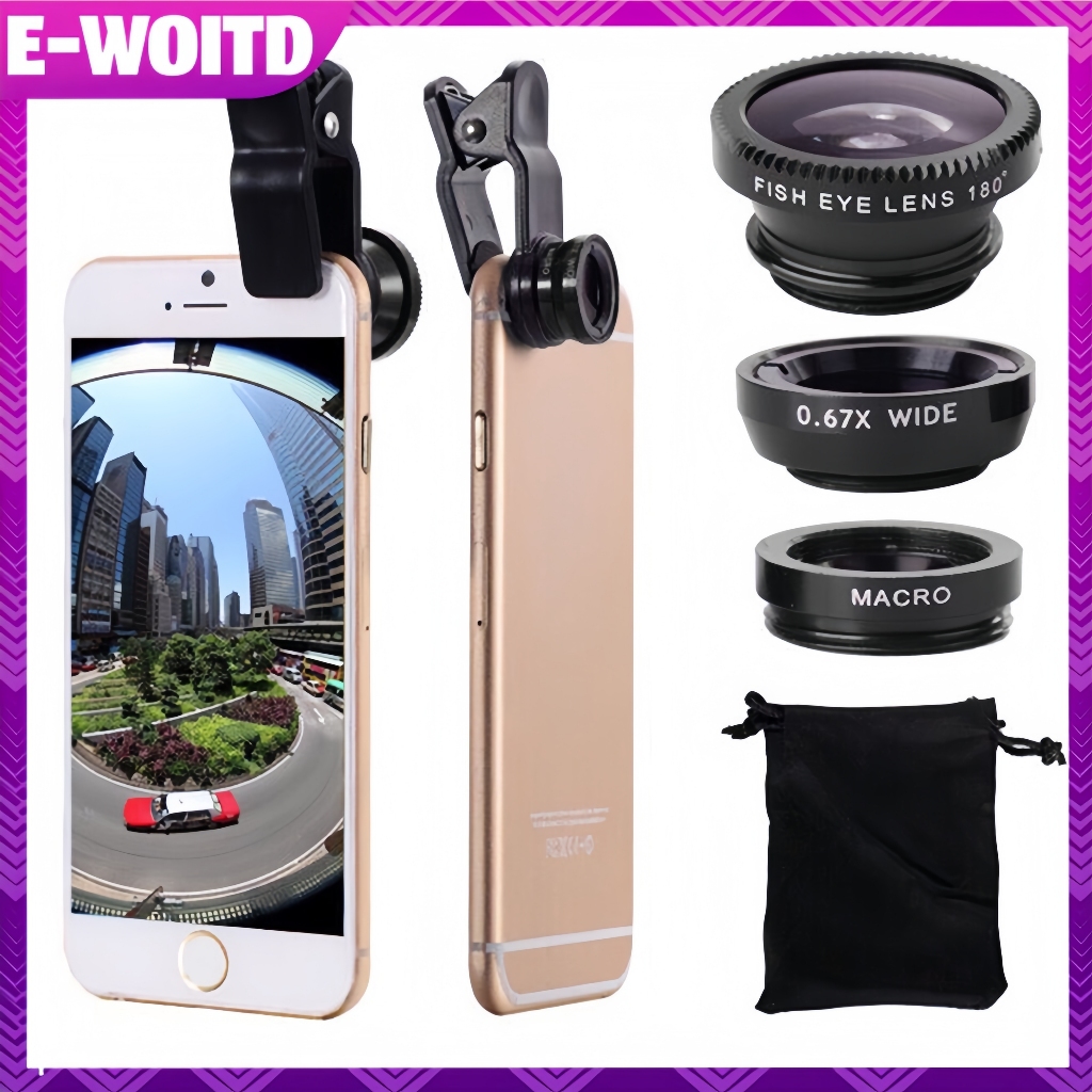 E-woitd 2in1 Ống kính điện thoại mắt cá Zoom góc rộng 0,45X Ống kính Macro mắt cá Bộ dụng cụ máy ảnh có ống kính kẹp trên điện thoại cho điện thoại thông minh HNVN
