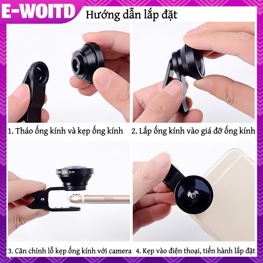 E-woitd 2in1 Ống kính điện thoại mắt cá Zoom góc rộng 0,45X Ống kính Macro mắt cá Bộ dụng cụ máy ảnh có ống kính kẹp trên điện thoại cho điện thoại thông minh HNVN