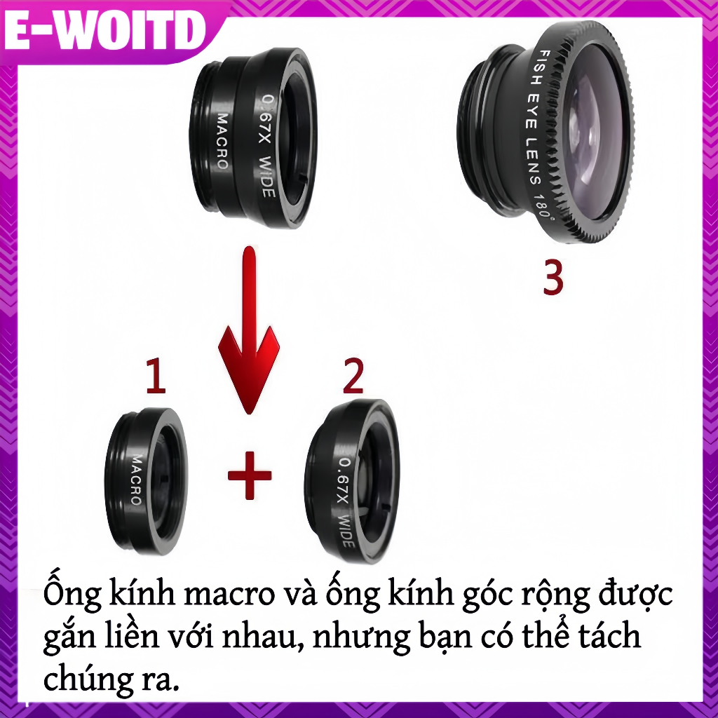 E-woitd 2in1 Ống kính điện thoại mắt cá Zoom góc rộng 0,45X Ống kính Macro mắt cá Bộ dụng cụ máy ảnh có ống kính kẹp trên điện thoại cho điện thoại thông minh HNVN